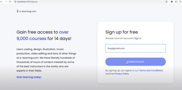 Screenshot of finished signup project