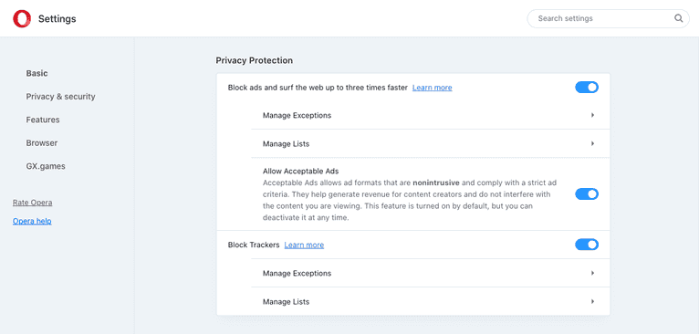 Screenshot of Opera's privacy-protection screen