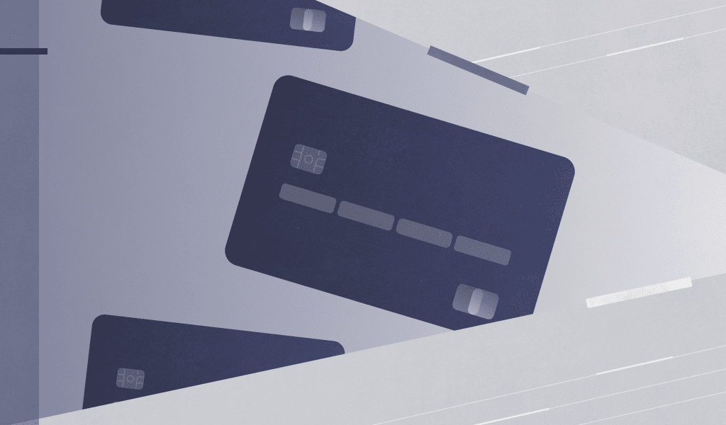 illustrations of a credit card on a blue and grey background