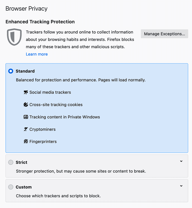 Firefox standard tracking protection