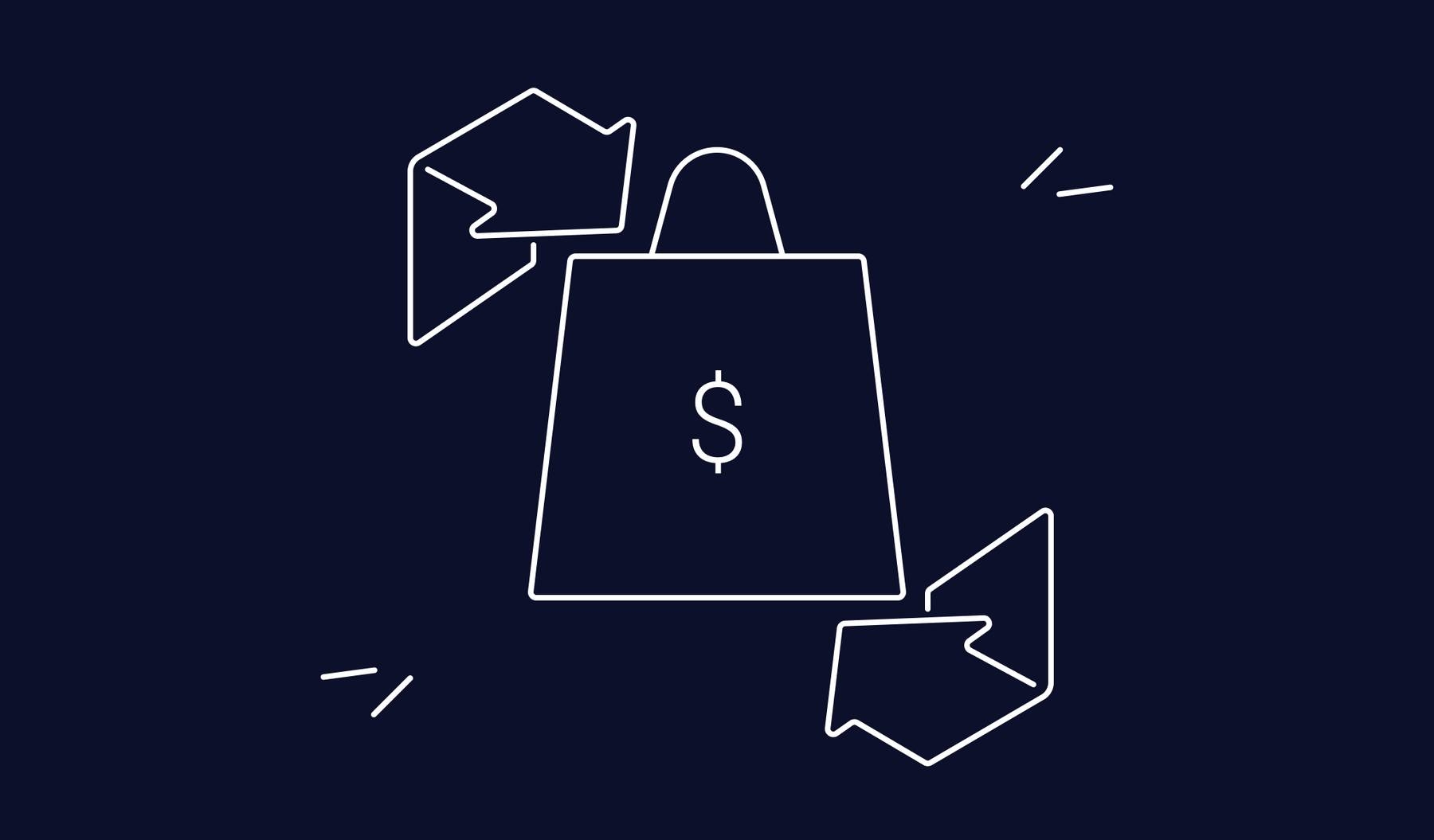 Illustrated shopping bag with arrows on a dark blue background