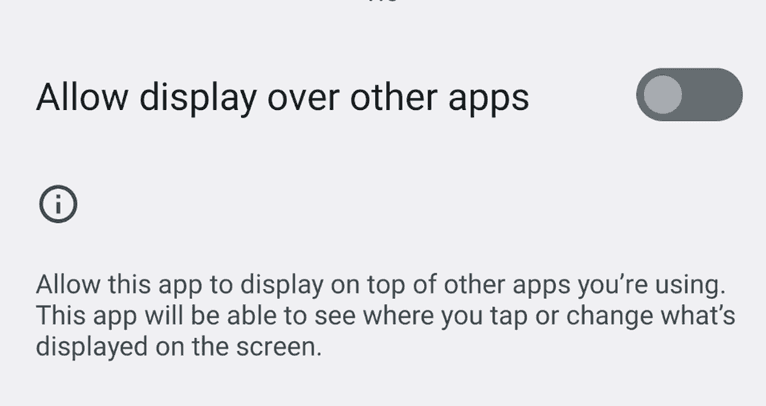 Display over apps permission warning