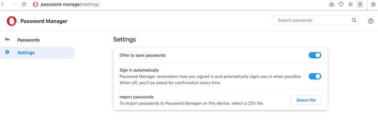 Opera password settings